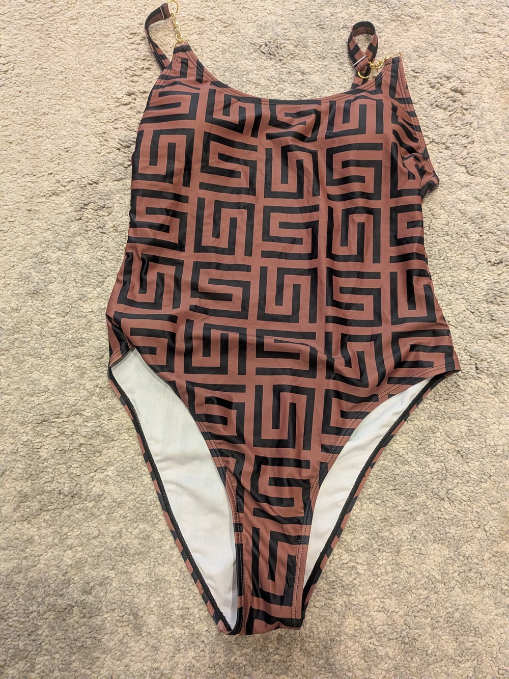 Women's Geometric One-Piece Swimsuit in Brown & Black With Chain Straps